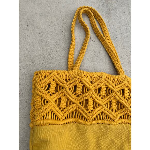 Canvas & Macrame yellow tote bag Craft supplies purse storage shopping shoulder - Picture 6 of 8